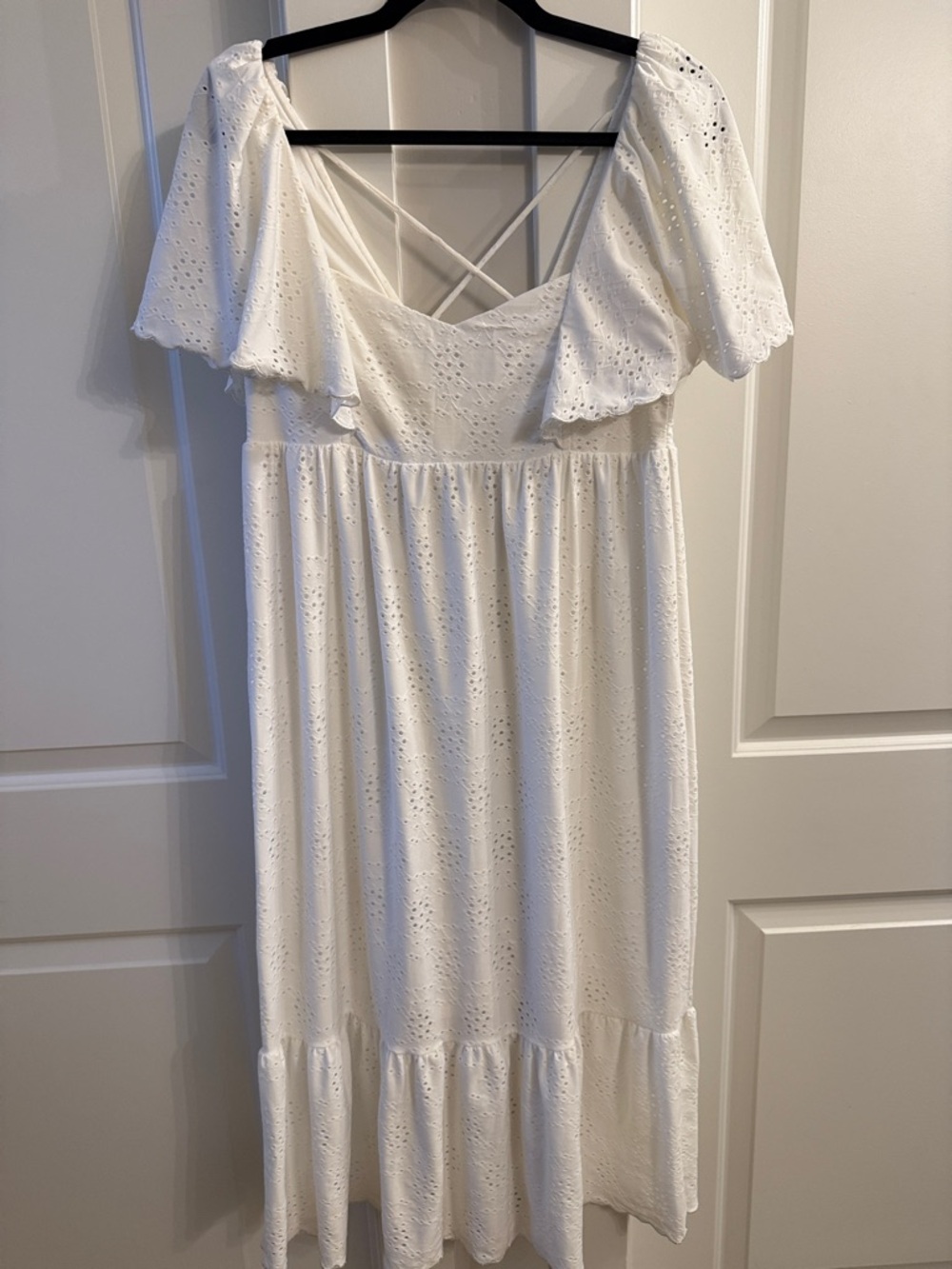 Line & Dot White Eyelet Midi Dress with Crisscross Back and Flutter Sleeves